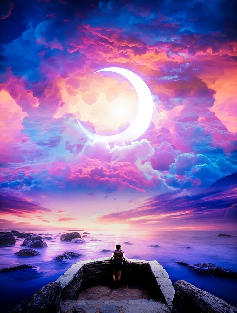 moon, nature, sky, crescent moon, purple skies, night sky, fantasy