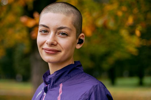 Portrait of a woman with a buzzcut wearing earbuds outdoors in autumn.